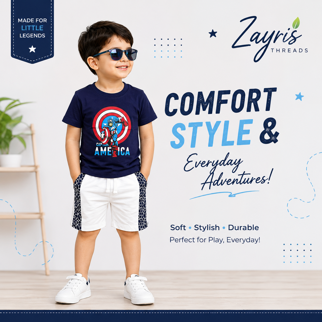 Minnie Minors Boys Twin Set – Navy Blue T-Shirt & White Shorts